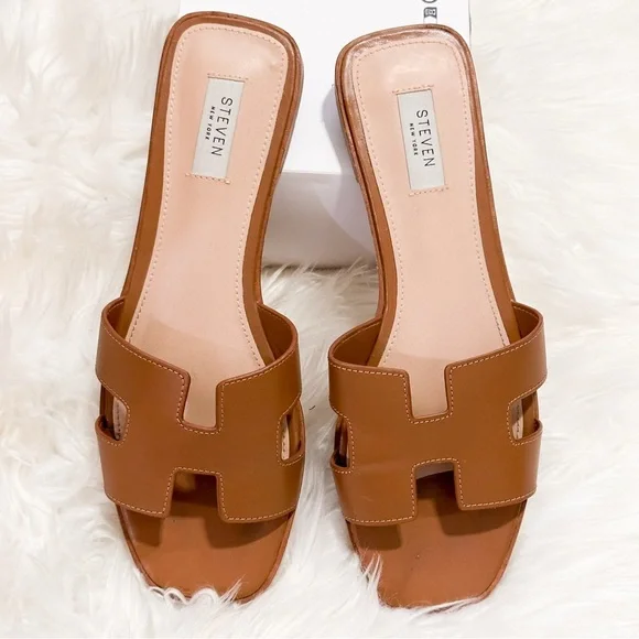 Steve Madden HADYN COGNAC LEATHER Brown Slide Sandals - Picture 5 of 9